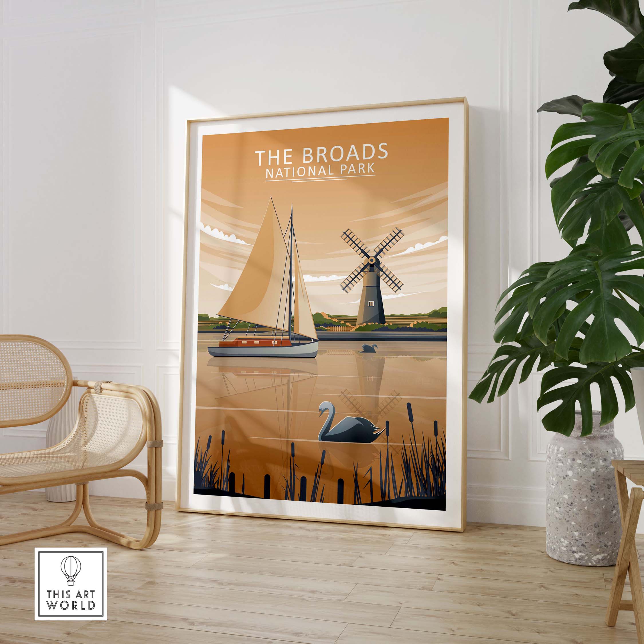 The Broads National Park poster featuring a sailboat and windmill in a stylish minimalist design.