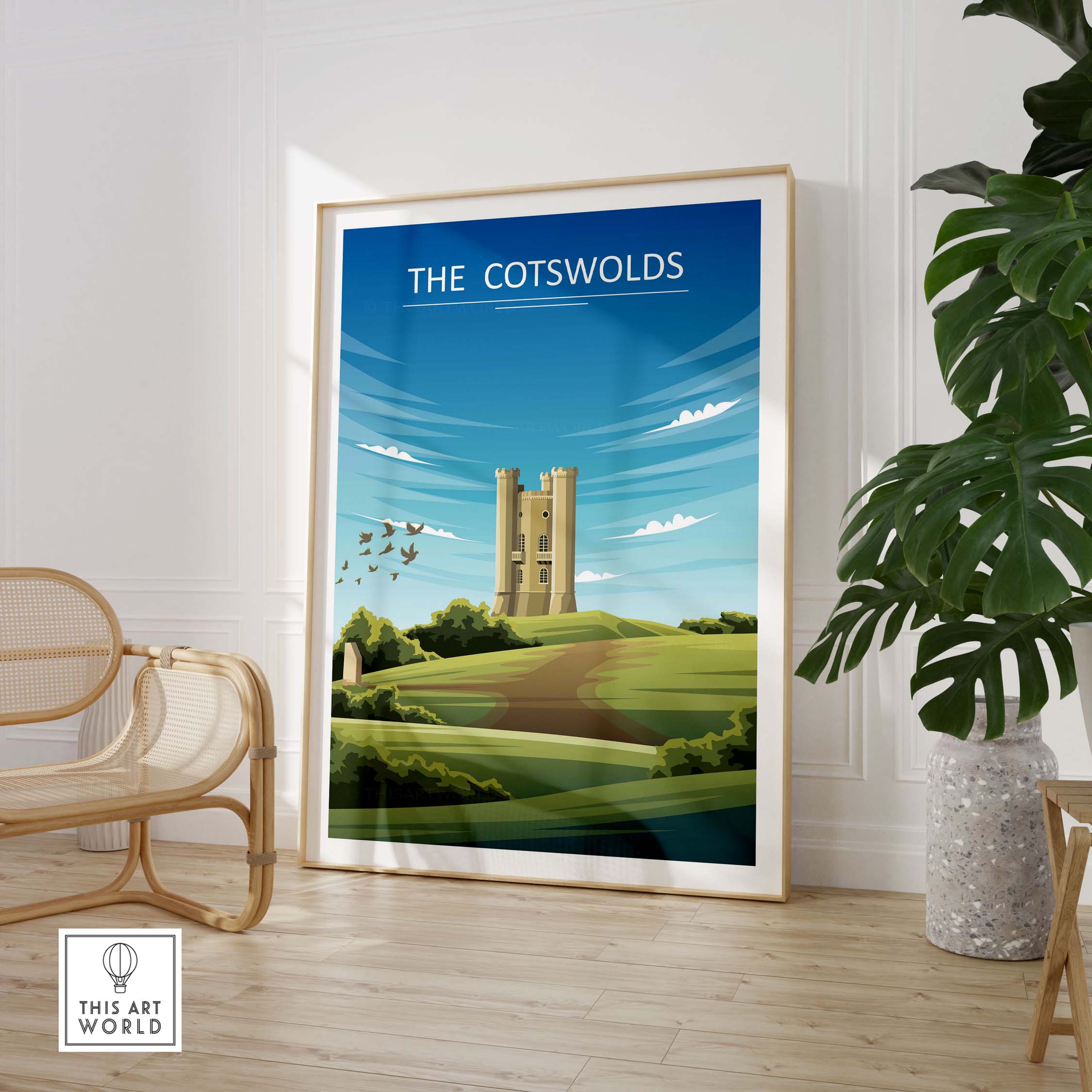 Minimalist Cotswolds poster featuring a castle and green landscape, styled for travel enthusiasts and home decor.
