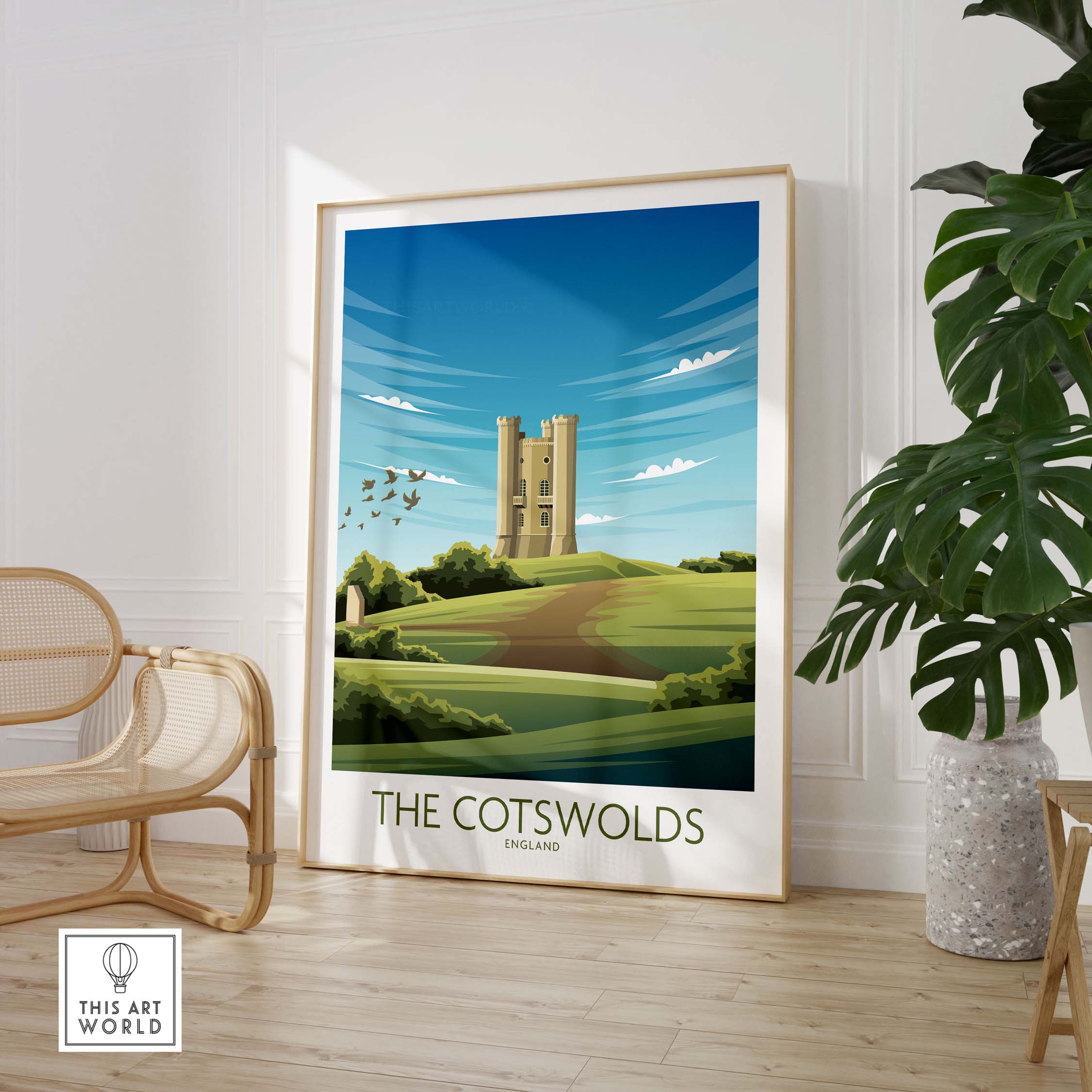 The Cotswolds Print showcasing a vintage-inspired travel poster in a stylish interior setting.