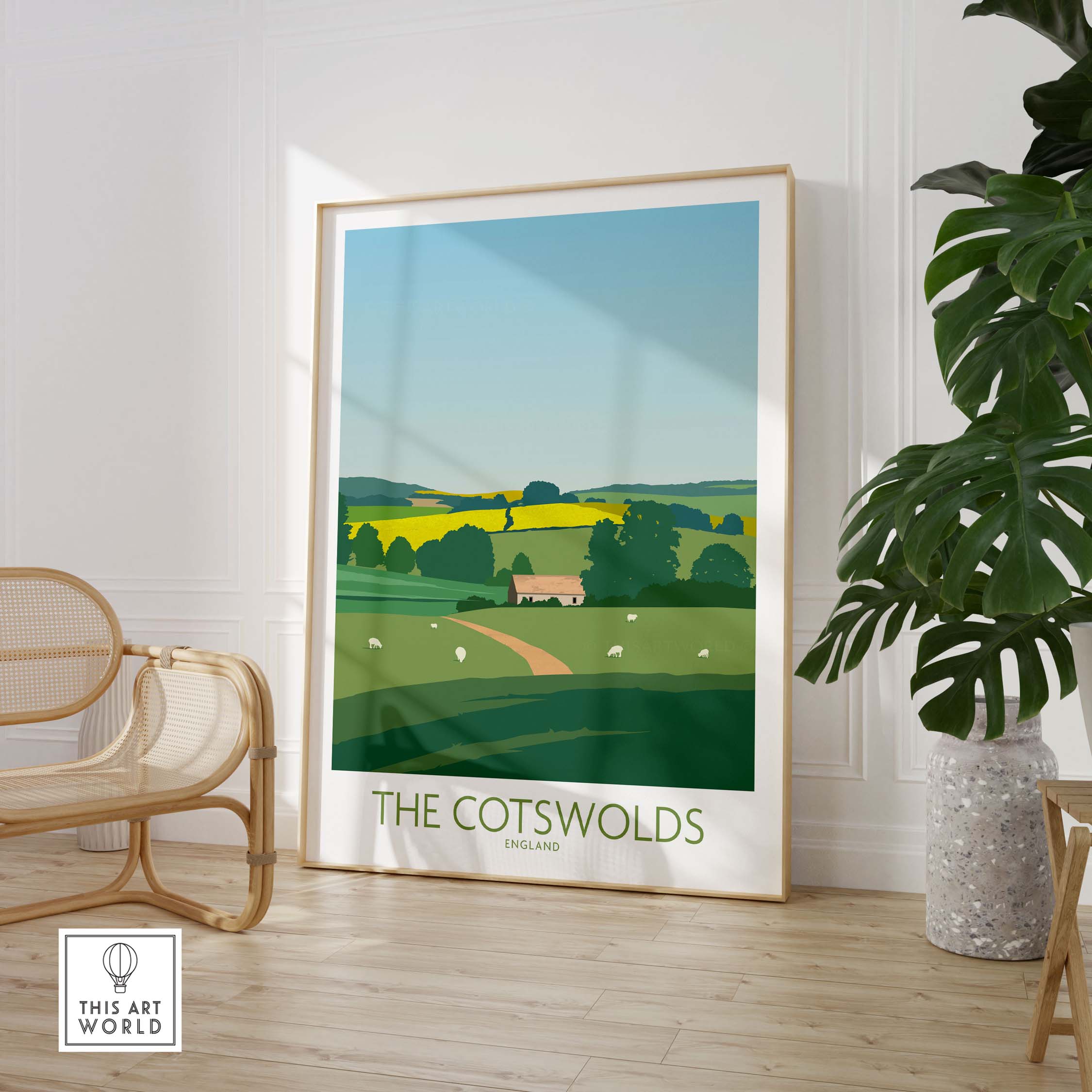 The Cotswolds Print England Travel Poster showcasing a serene landscape with rolling hills and sheep.