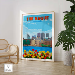 The Hague Netherlands wall art featuring vibrant tulips and iconic skyline in a vintage travel poster style.