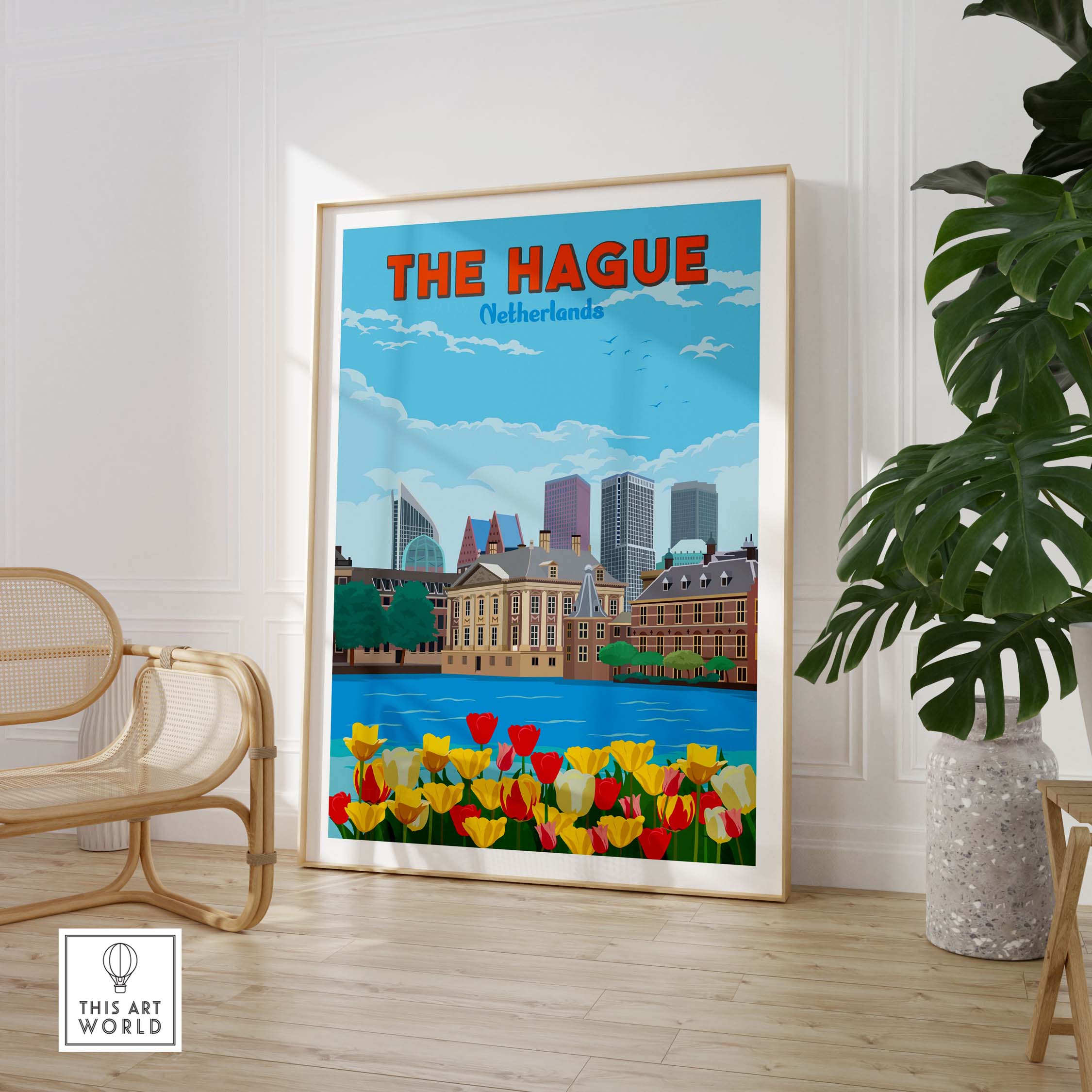 The Hague Netherlands wall art featuring vibrant tulips and iconic skyline in a vintage travel poster style.