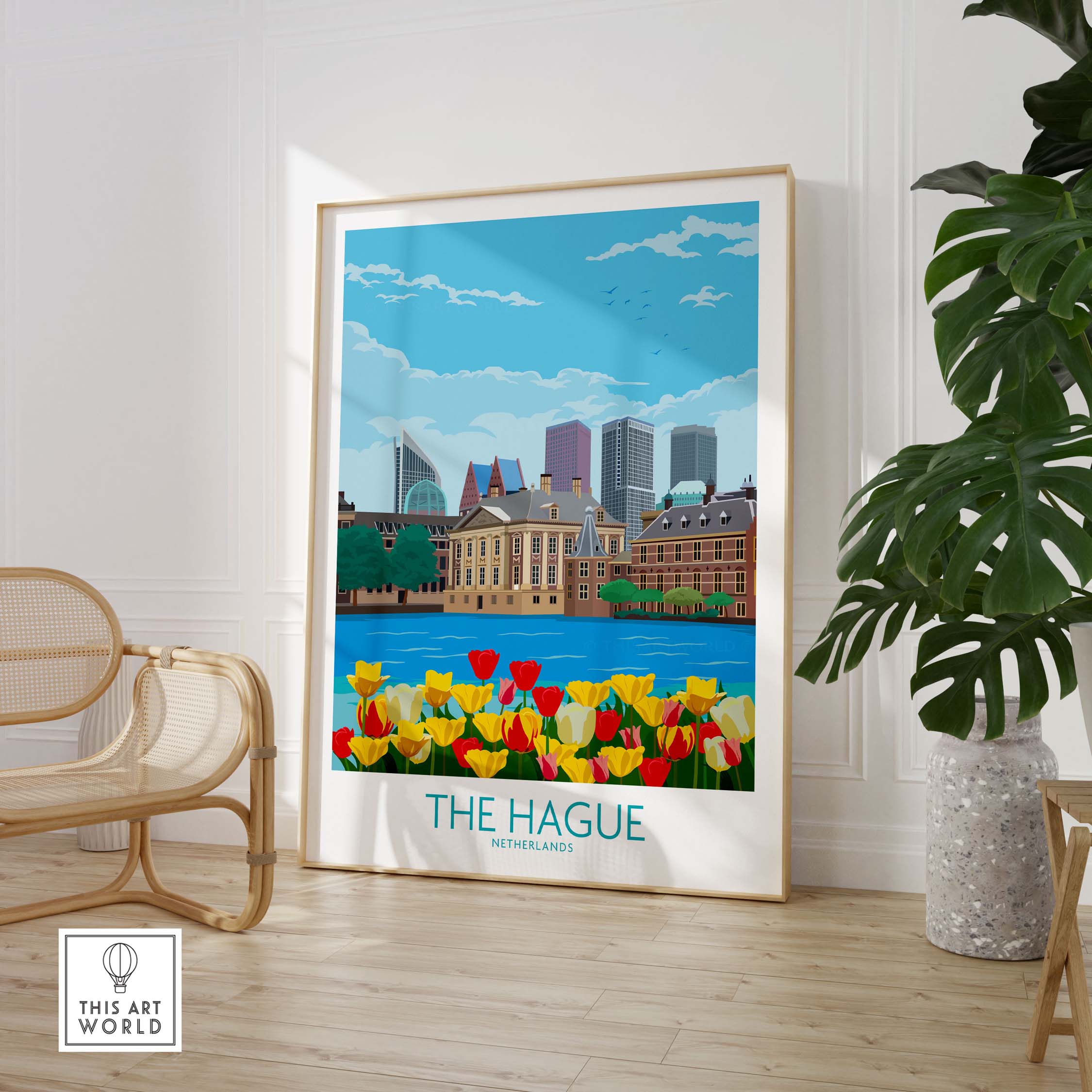 Framed The Hague Netherlands poster featuring colorful tulips and city skyline in a stylish interior setting.
