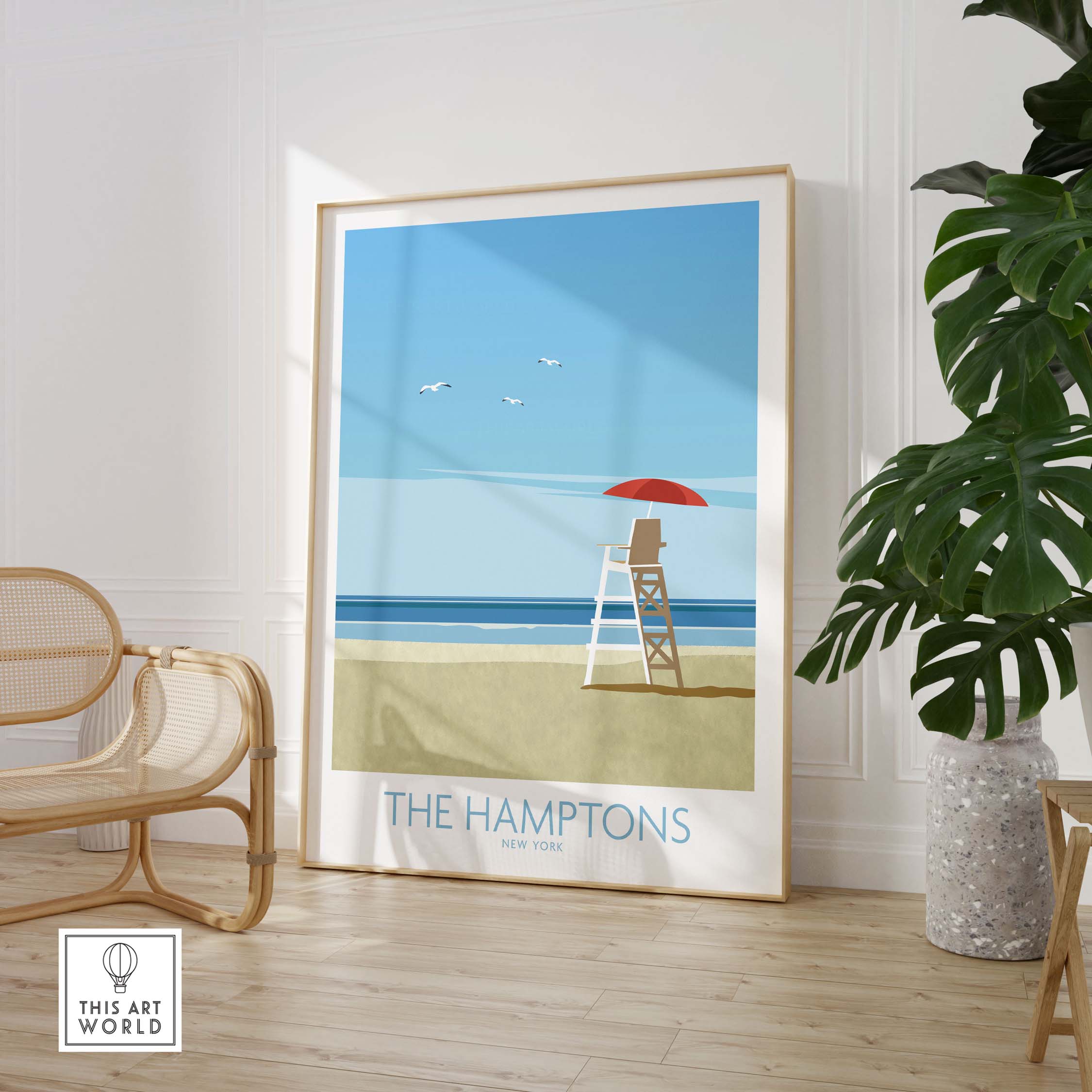 Vintage-inspired wall art of The Hamptons, New York, featuring a lifeguard stand and beach scene in a minimalist style.
