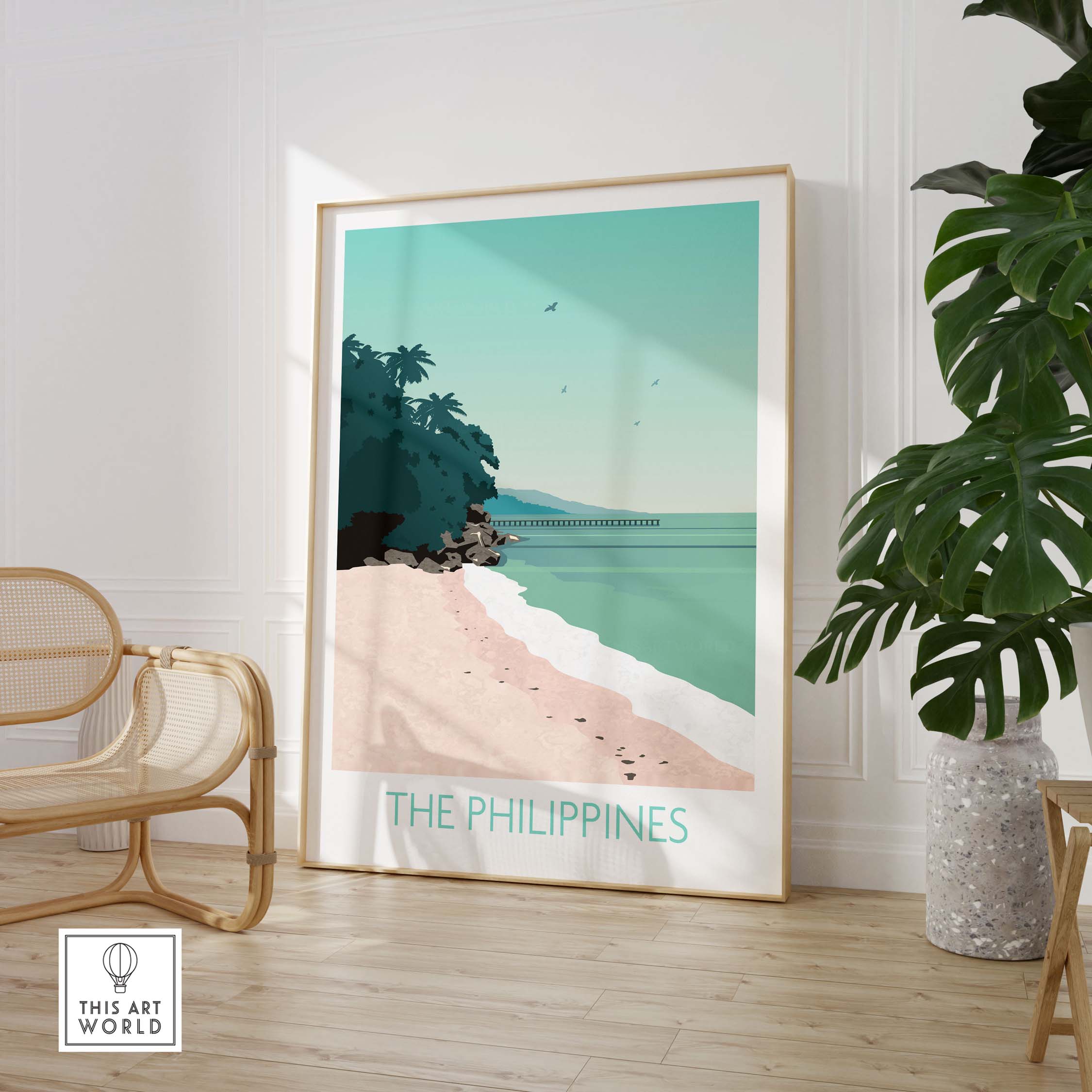 Philippines Print Travel Poster featuring a beach scene and tropical landscape, perfect for home or office decor.