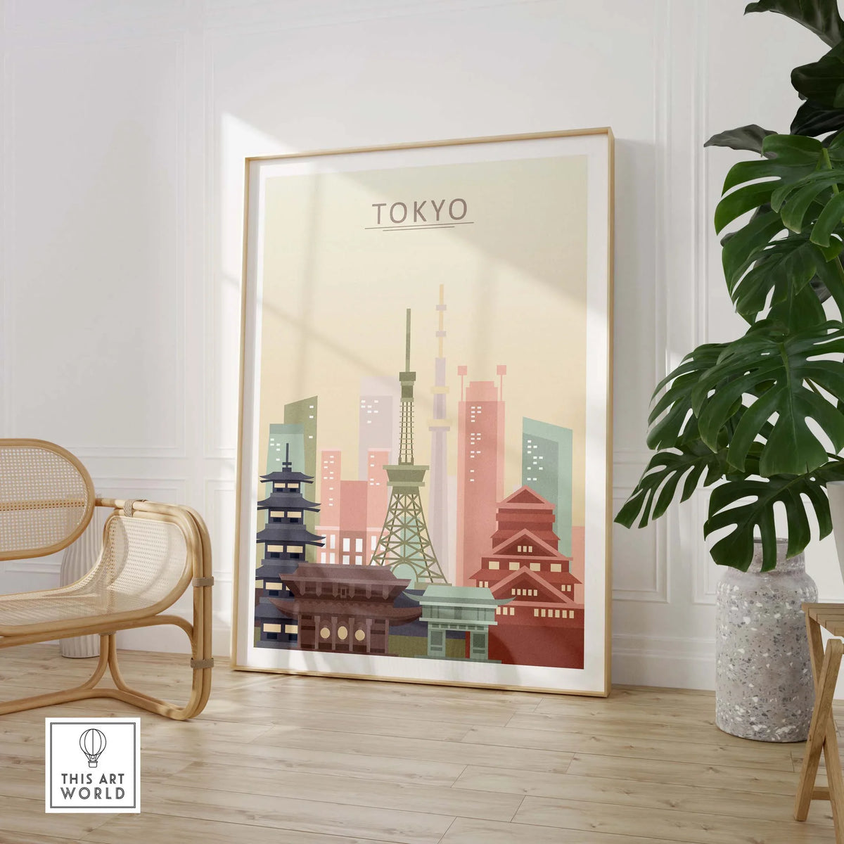 Tokyo skyline poster wall art print featuring iconic landmarks in warm pastel tones.