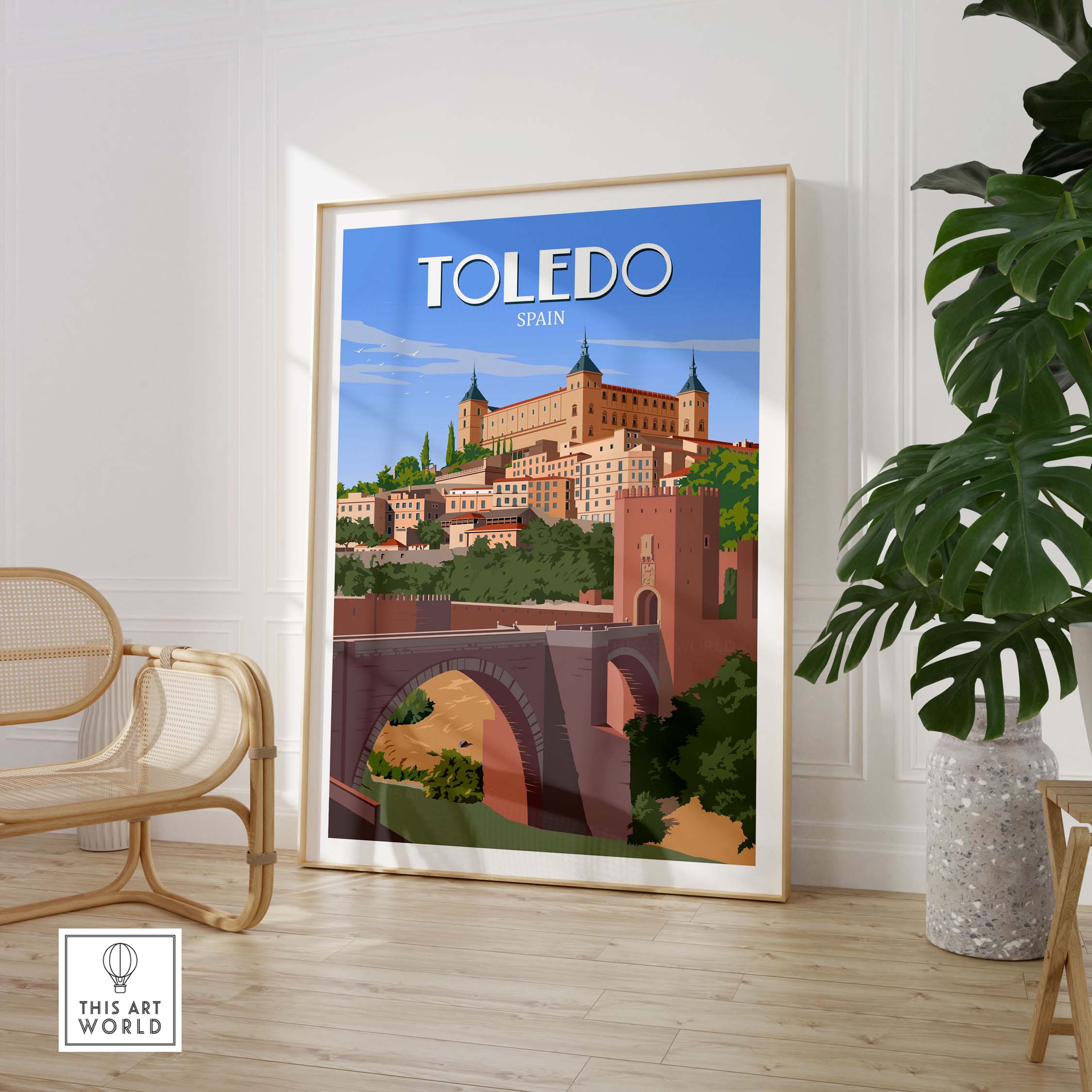 Toledo Spain poster featuring a scenic view of the city with minimalist design, perfect for travel enthusiasts.
