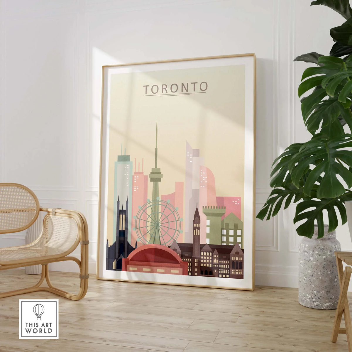 Toronto Skyline Print featuring iconic buildings and warm pastel tones in stylish wall art decor.