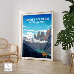 Torres del Paine National Park vintage travel poster print framed in a stylish interior setting.