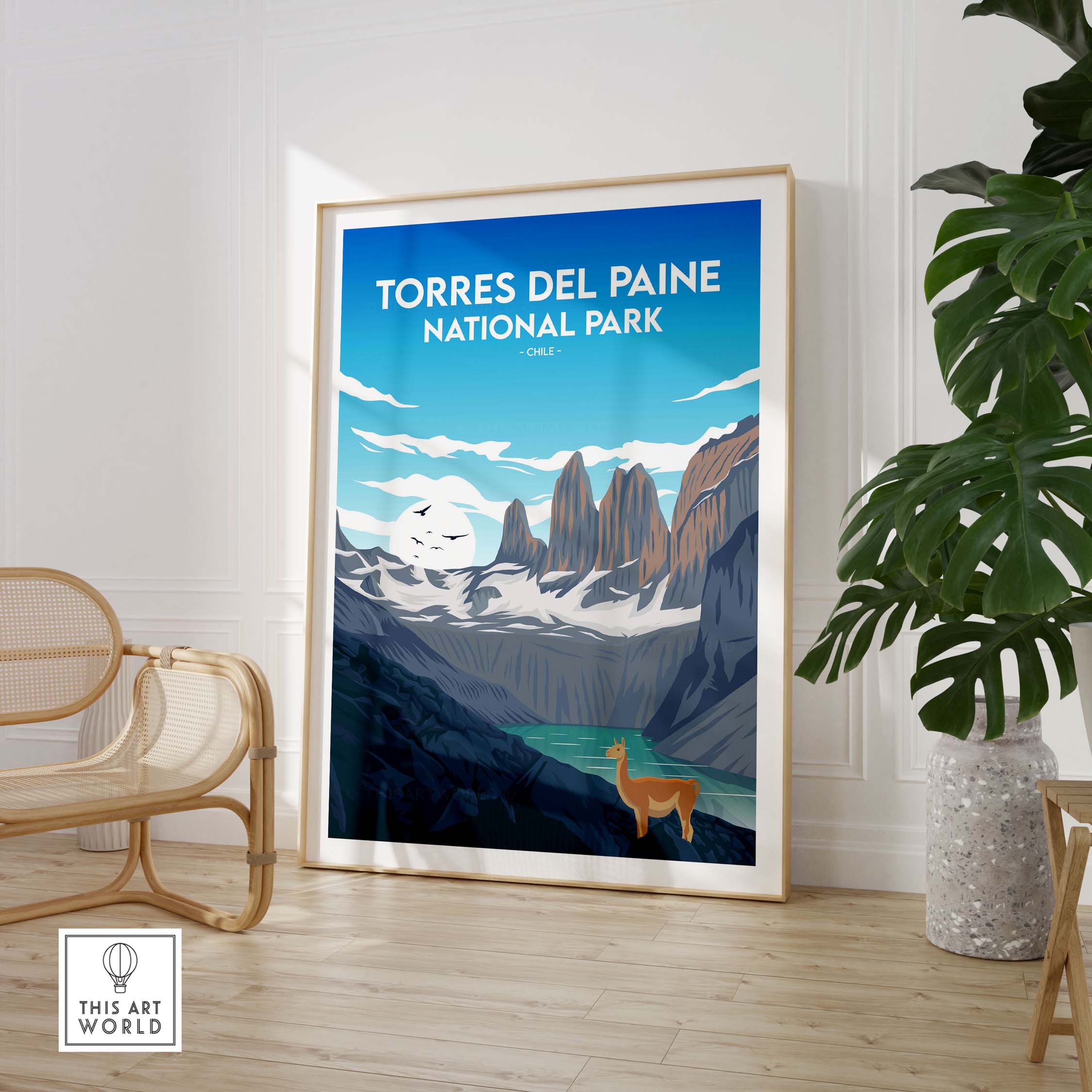 Torres del Paine National Park vintage travel poster print framed in a stylish interior setting.