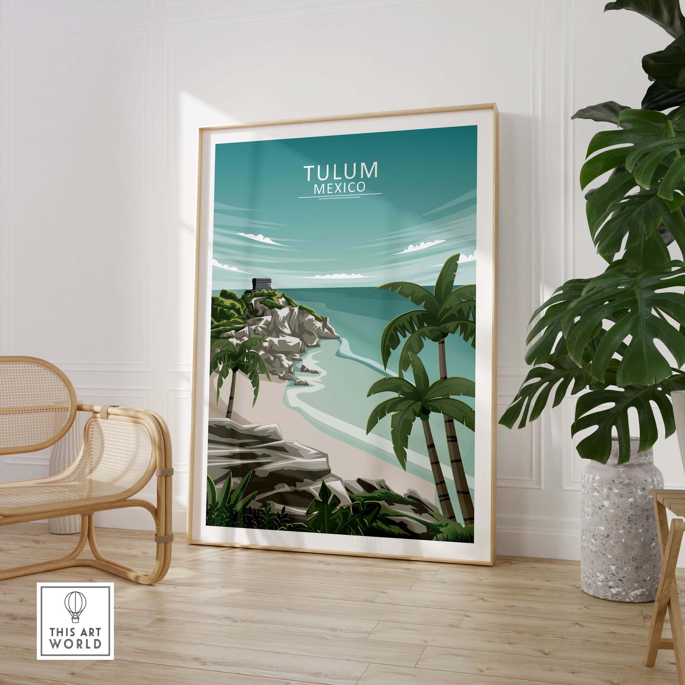 Tulum Wall Art Mexico in a minimalist style, showcasing a coastal scene with palm trees and calm waters.