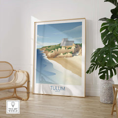 Tulum Mexico wall art print in a framed display, capturing beach scenery and vintage travel vibes.