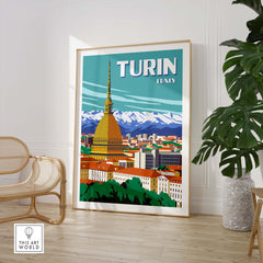 Turin Italy travel poster print featuring the cityscape and iconic Mole Antonelliana, styled in minimalist vintage art.
