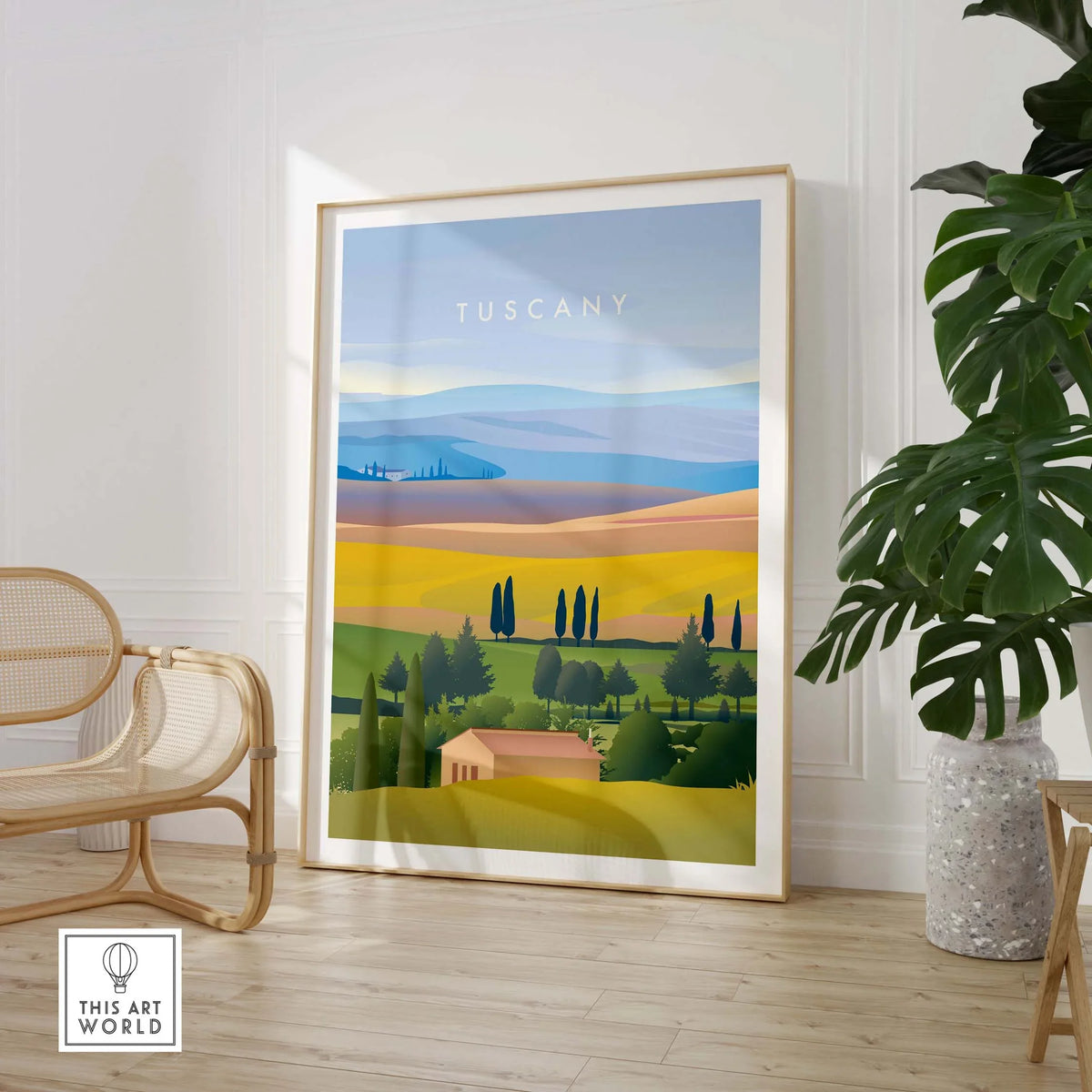 Tuscany Italy wall art poster featuring vibrant landscapes and vintage design, perfect for home or office decor.