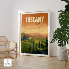 Tuscany wall art print featuring vintage travel design, showcasing rolling hills and a charming villa in Italy.