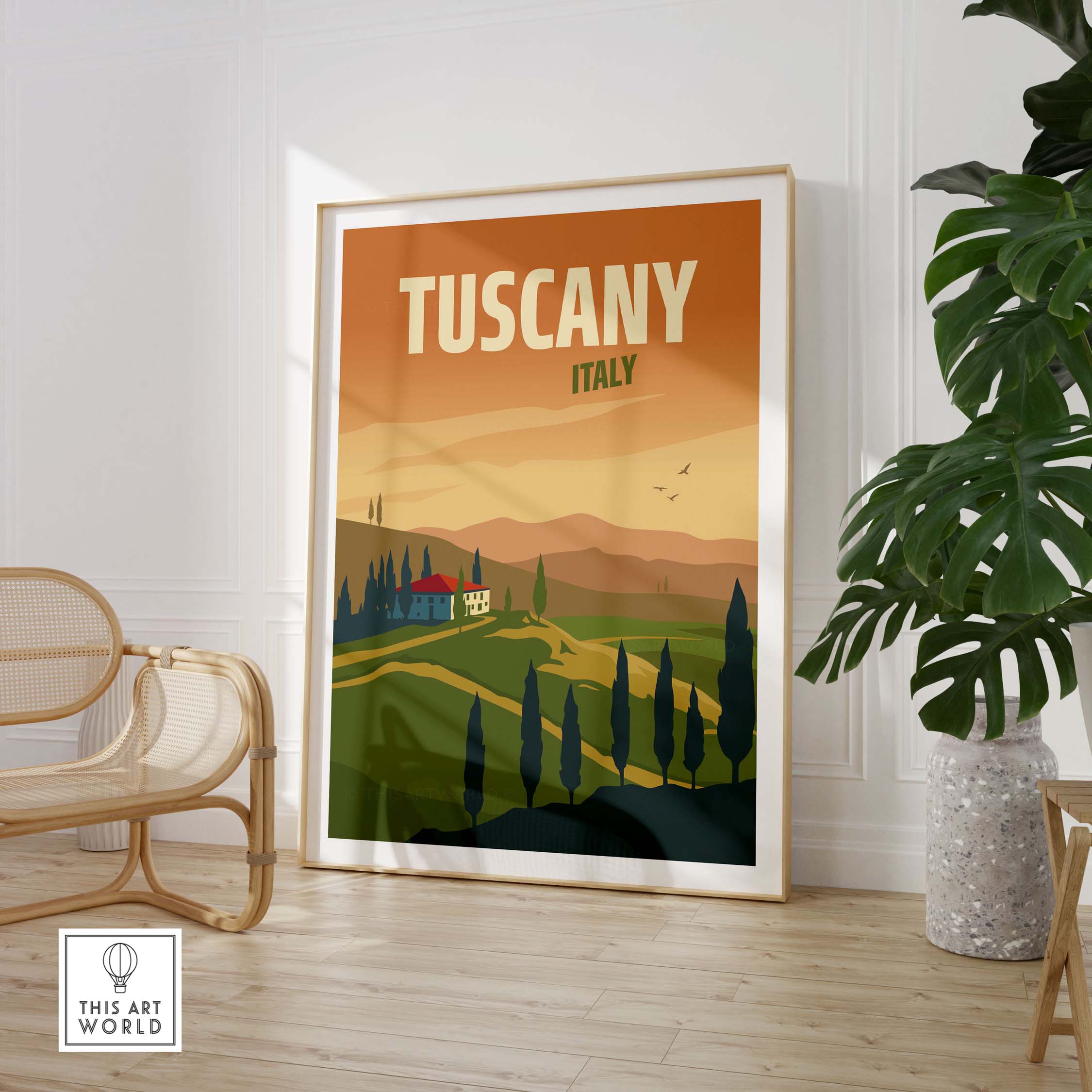 Tuscany wall art print featuring vintage travel design, showcasing rolling hills and a charming villa in Italy.