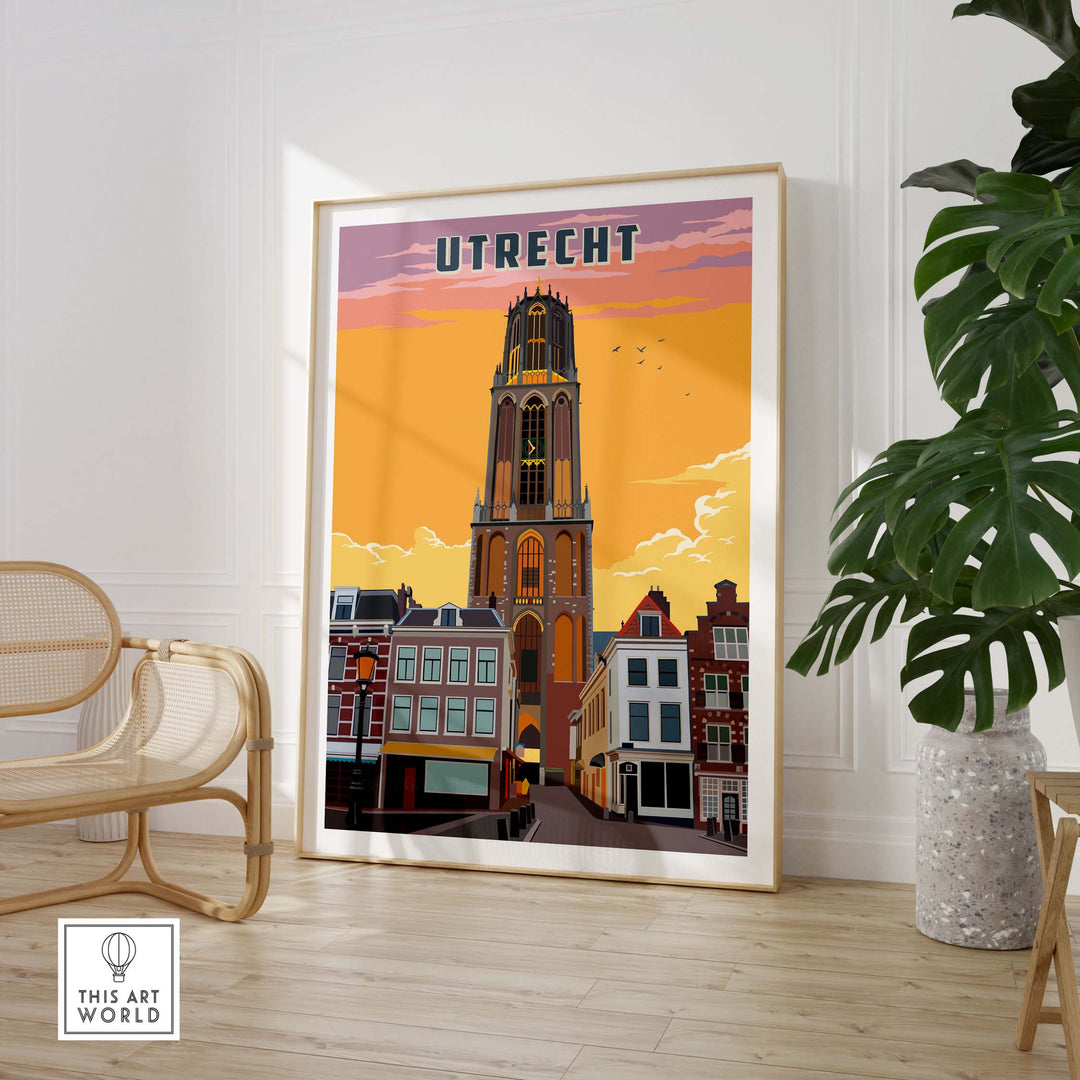 Utrach Poster in a large natural wood frame, resting on the floor, next to a cane chair.