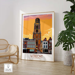 Utrecht Print Poster featuring the iconic tower, vibrant colors, and vintage travel art style for stylish home decor.