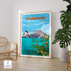Valencia Wall Art Print featuring iconic scenery and oranges, perfect for home or office decor in a minimalist style.