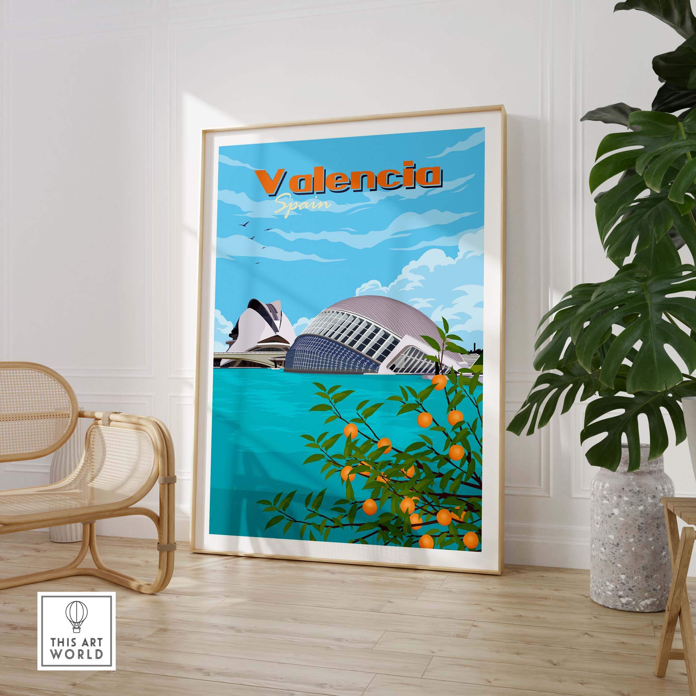 Valencia Wall Art Print featuring iconic scenery and oranges, perfect for home or office decor in a minimalist style.