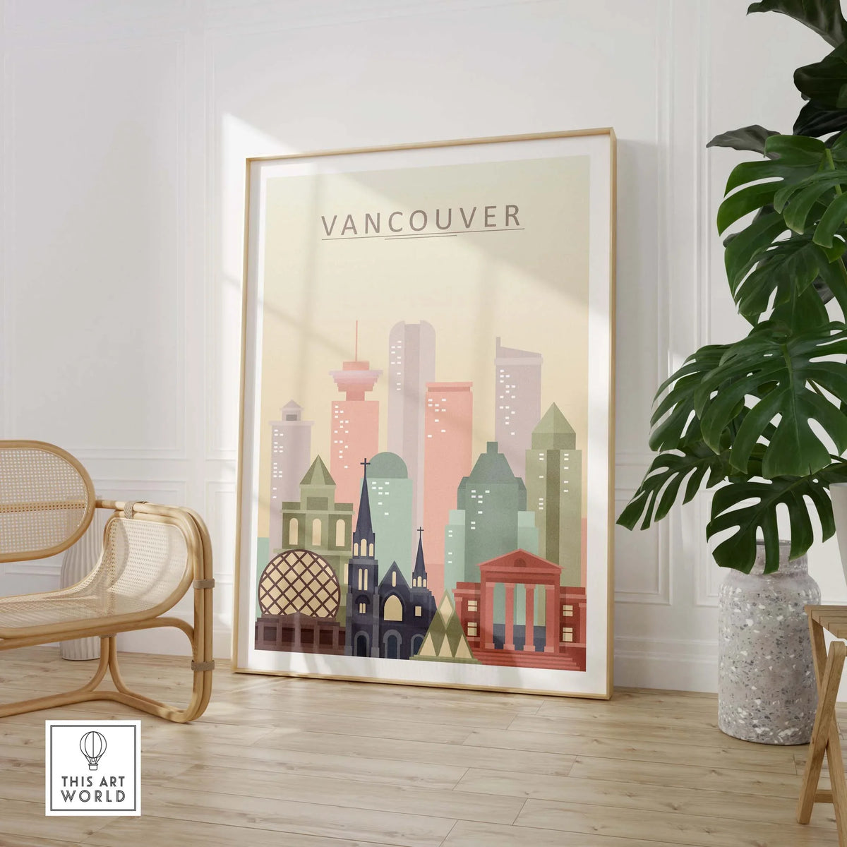 Vancouver City Print featuring iconic skyline art in warm pastel tones, framed wall art decor for stylish interiors.