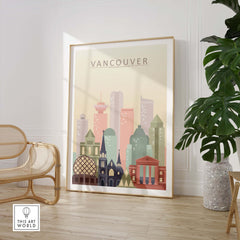 Vancouver City Print featuring iconic skyline art in warm pastel tones, framed wall art decor for stylish interiors.
