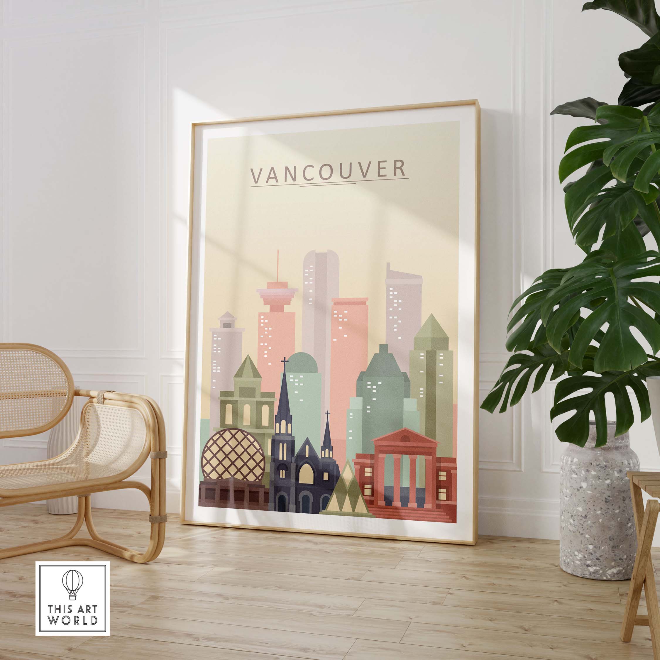 Vancouver City Print featuring iconic skyline art in warm pastel tones, framed wall art decor for stylish interiors.