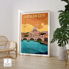 Stylish Vatican City Print in a minimalist frame, depicting iconic landmarks and vibrant colors.