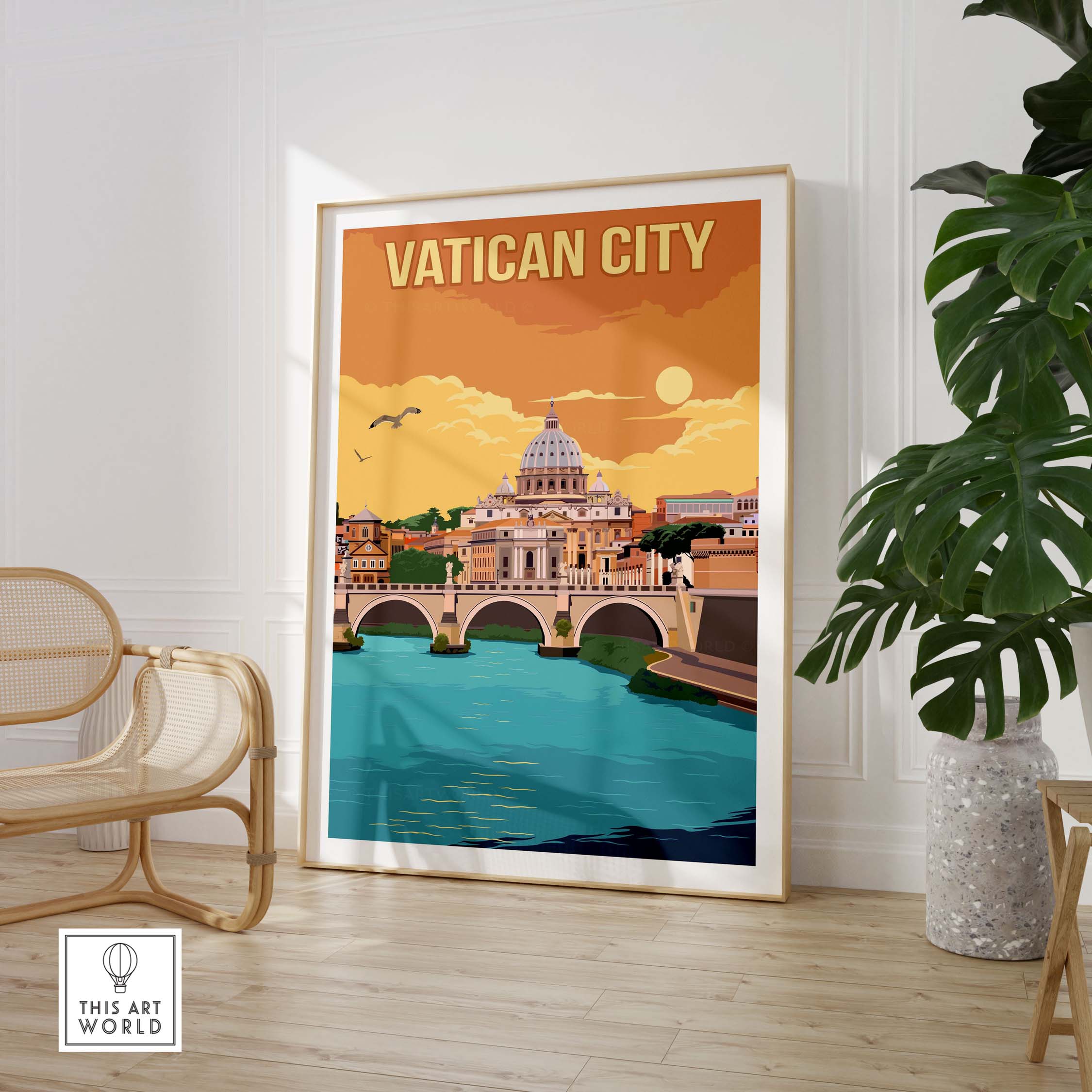 Stylish Vatican City Print in a minimalist frame, depicting iconic landmarks and vibrant colors.