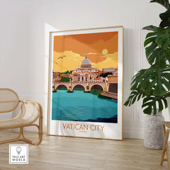 Vatican City vintage travel poster with modern minimalist design, showcasing iconic architecture and vibrant colors.