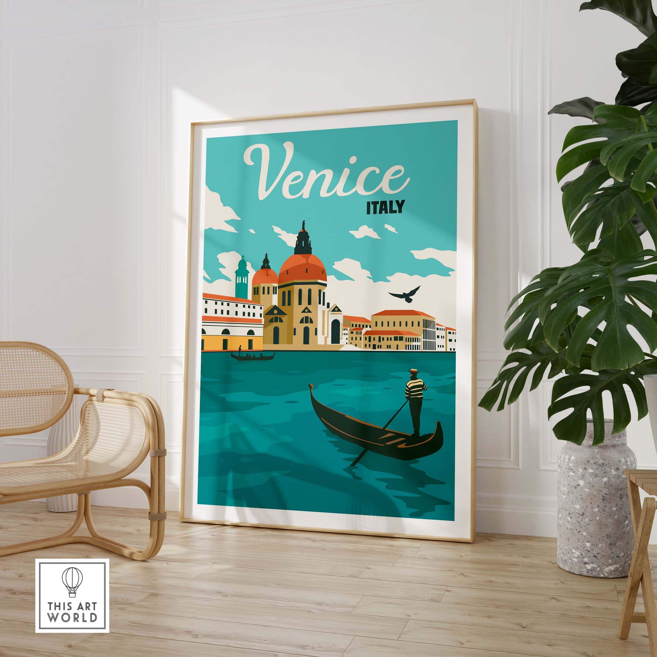 Venice Poster Wall Art Print featuring a gondola and iconic architecture, perfect for travel-inspired decor.