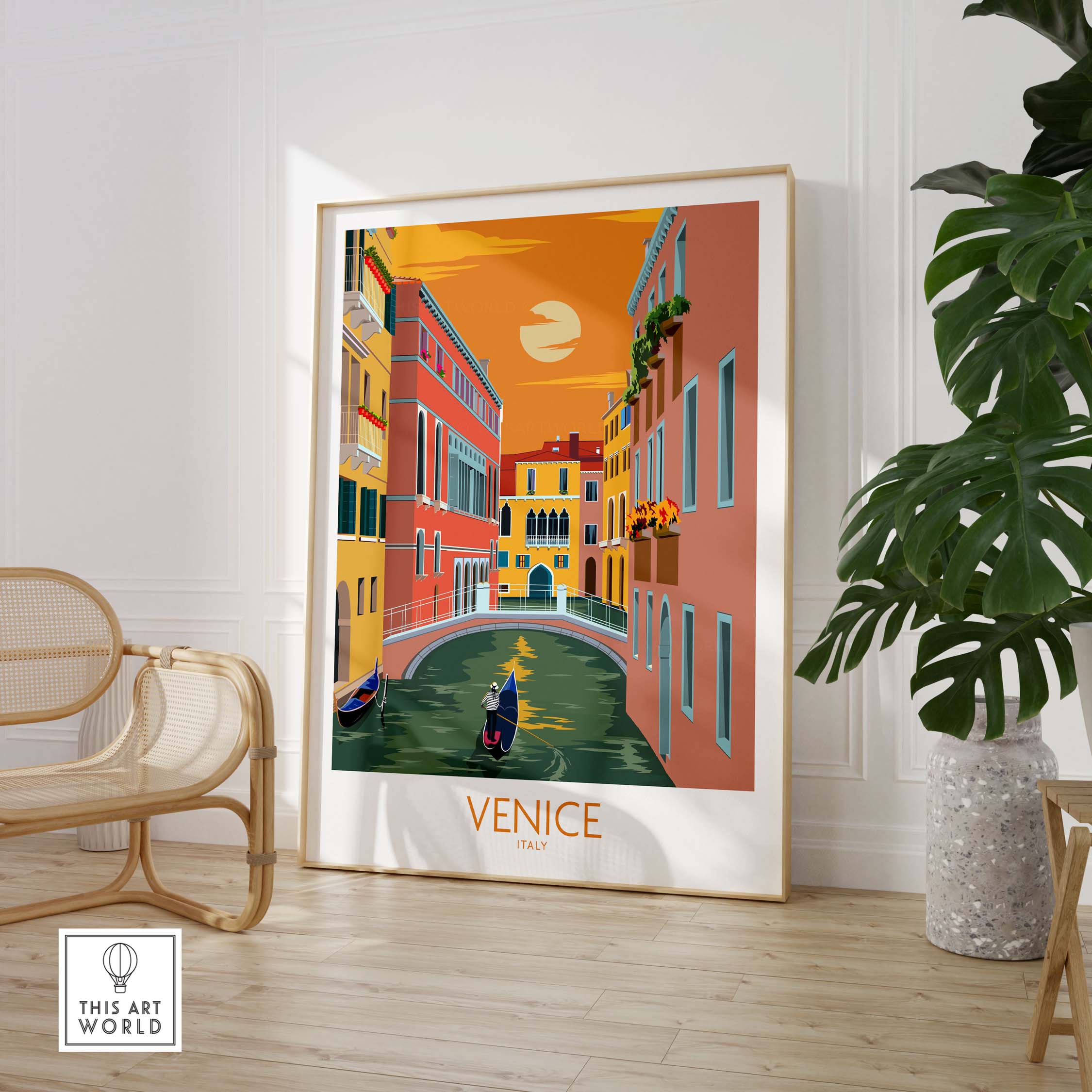 Venice Poster Travel Print featuring colorful canals and a sunset, perfect for home or office decor.
