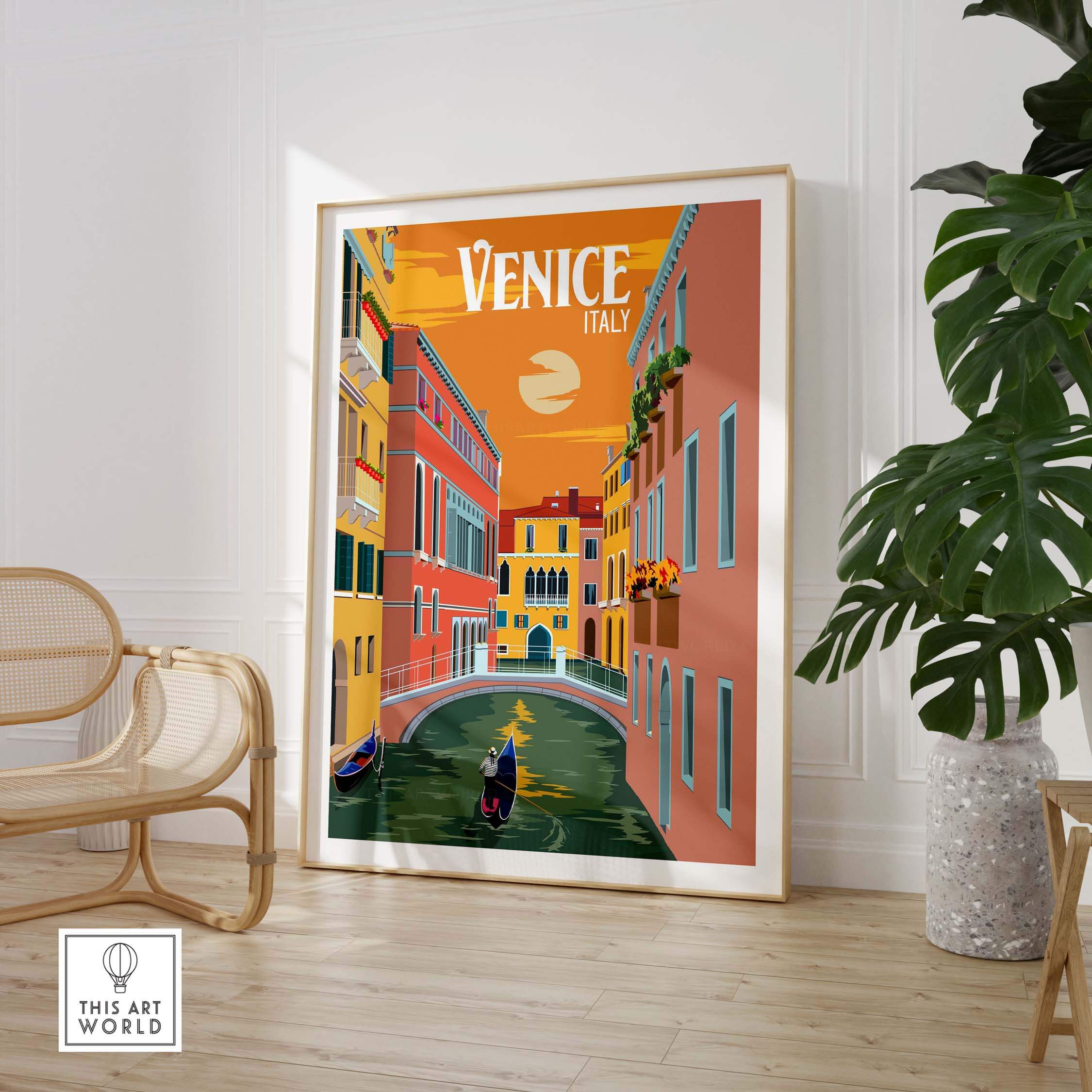 Venice Italy poster print wall art featuring a vibrant canal scene, framed and displayed in a stylish home interior.