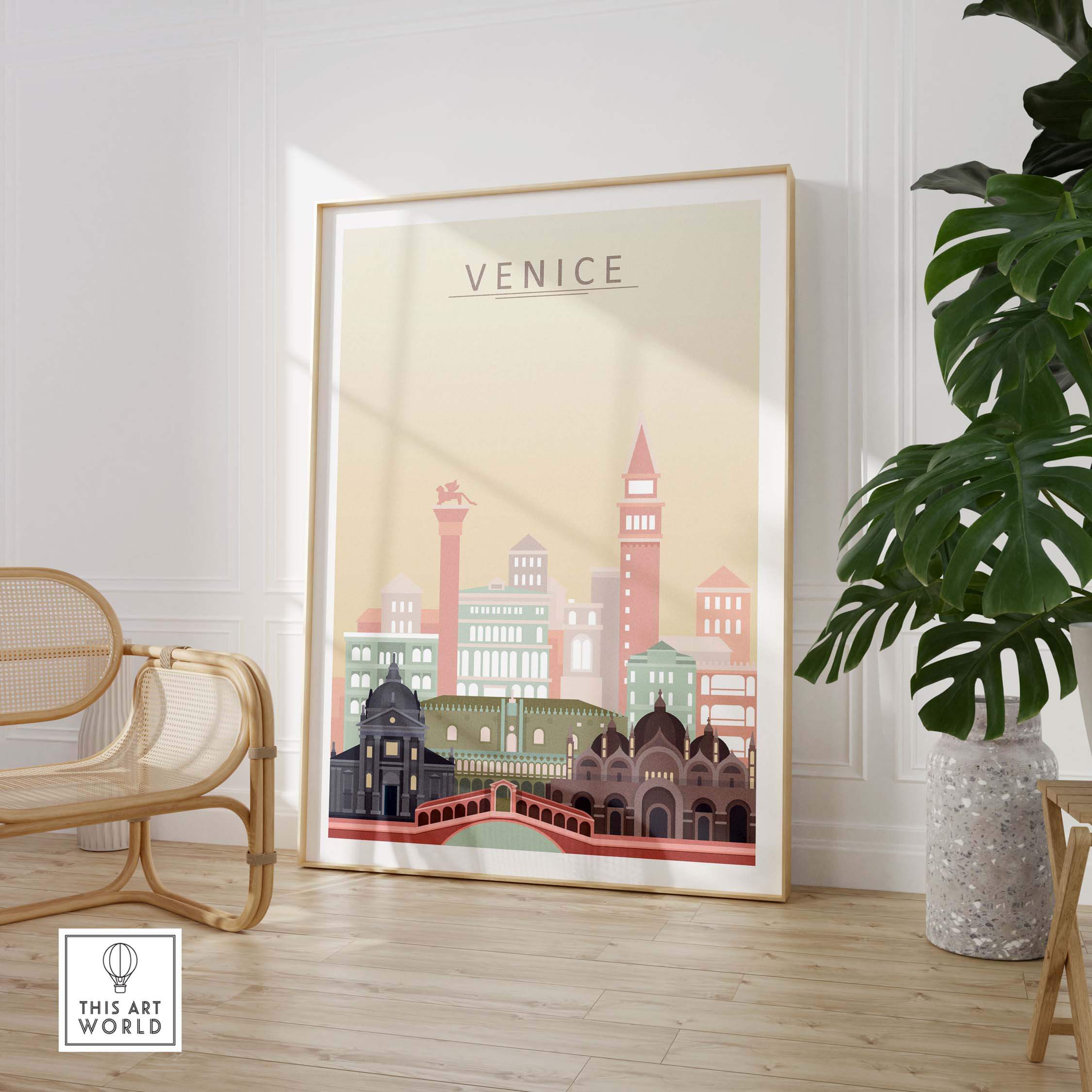 Venice wall art print showcasing iconic skyline in pastel tones, framed in a stylish interior setting.