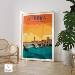 Verona Italy Print featuring a vintage design of a bridge and sunset, perfect for home or office decor.