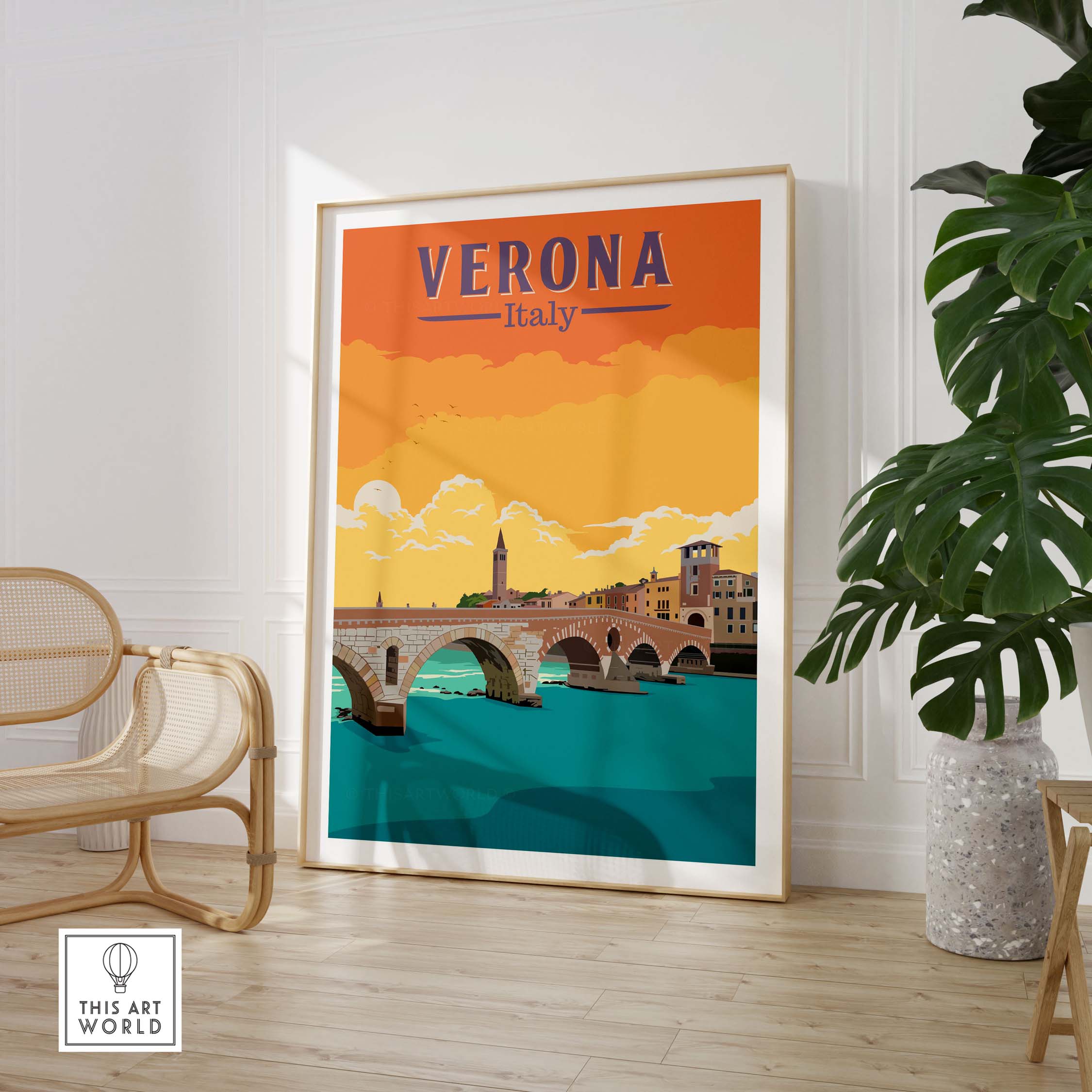 Verona Italy Print featuring a vintage design of a bridge and sunset, perfect for home or office decor.