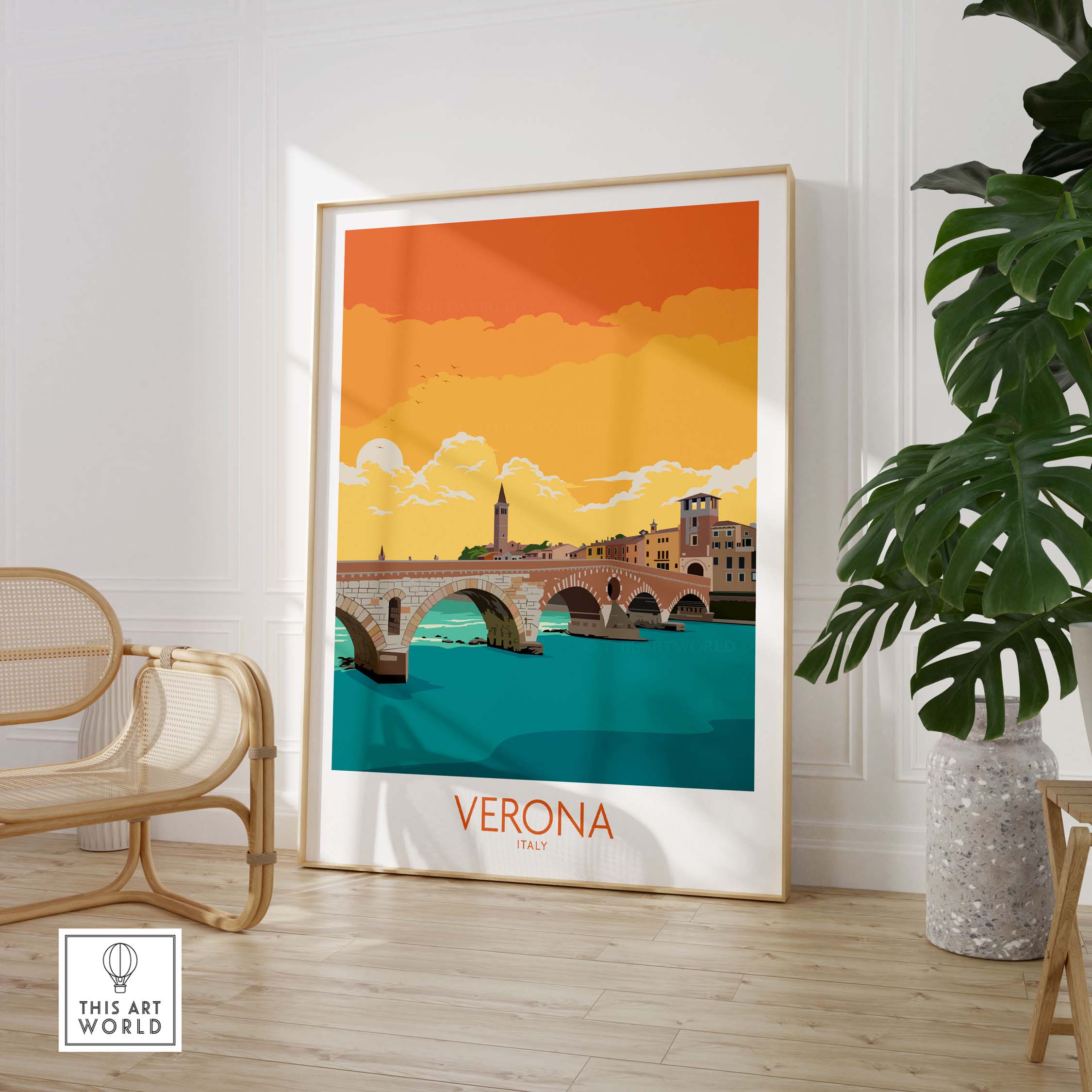 Verona Poster Italy showcasing a vintage travel design with vibrant colors and iconic bridge artwork.