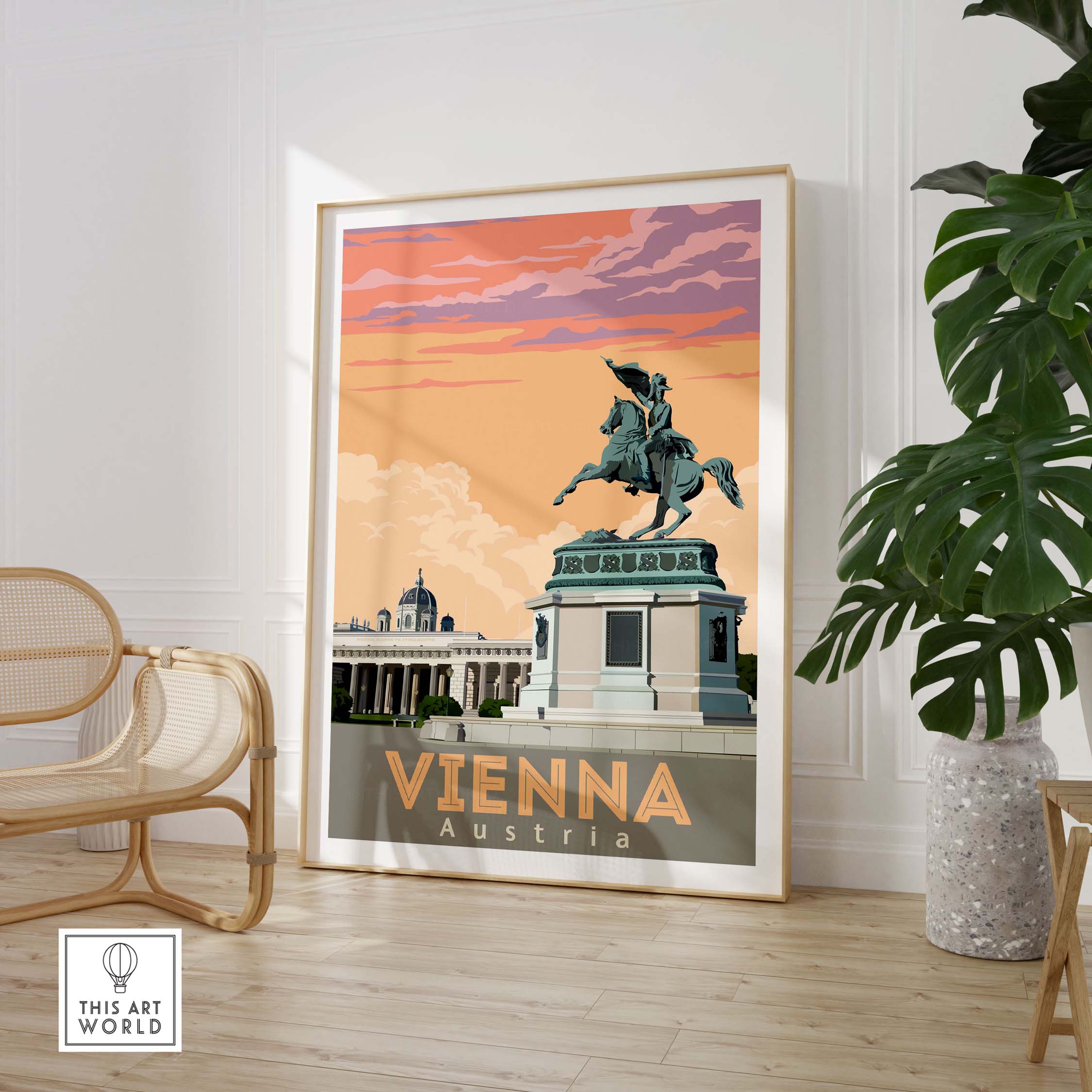 Vienna Poster Austria Print showcasing a vintage-inspired design with a historical statue and sunset backdrop.