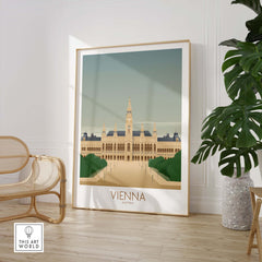 Vienna Wall Art Print showcasing a vintage-style illustration of Vienna's stunning architecture in a modern interior setting.