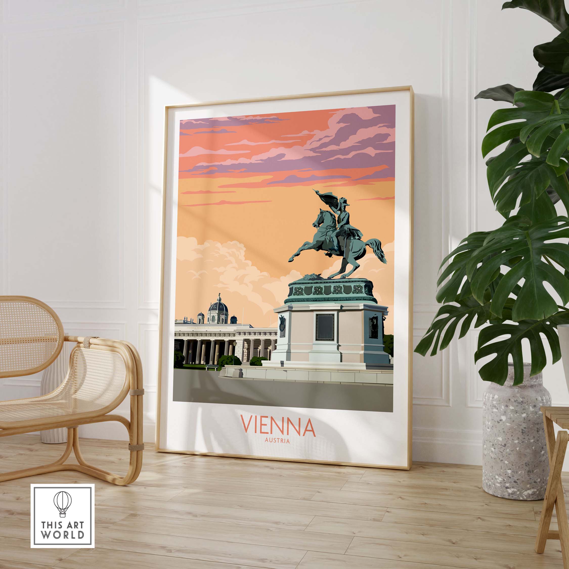 Vienna Print Austria Travel Poster featuring historic statue and vibrant sunset colors, perfect for home decor.