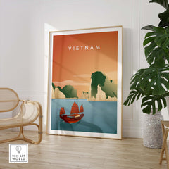 Vietnam wall art poster featuring Ha Long Bay, vintage style, framed design, perfect for home or office decor.