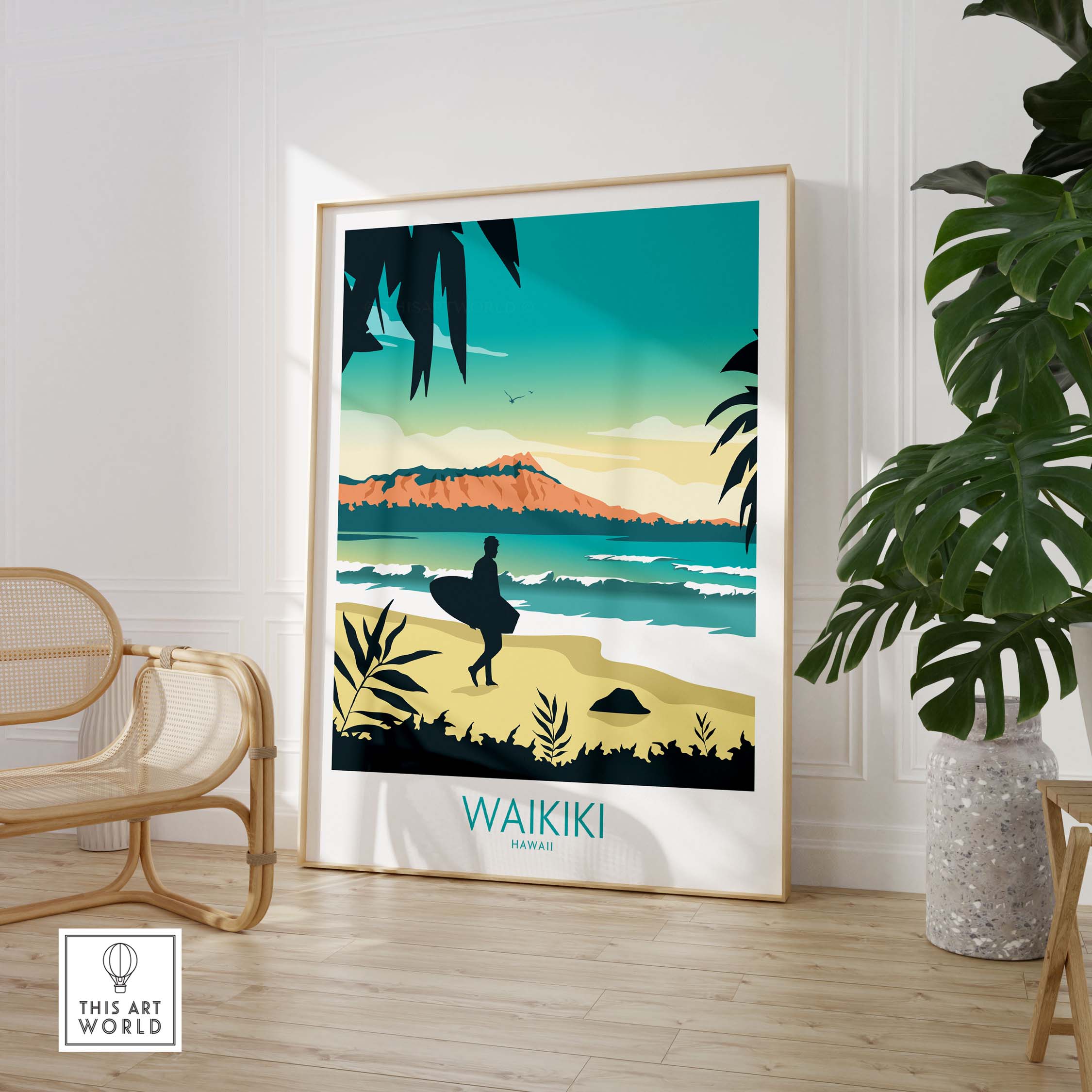 Waikiki Hawaii poster print featuring a surfer with scenic beach and mountains, perfect for home or office decor.