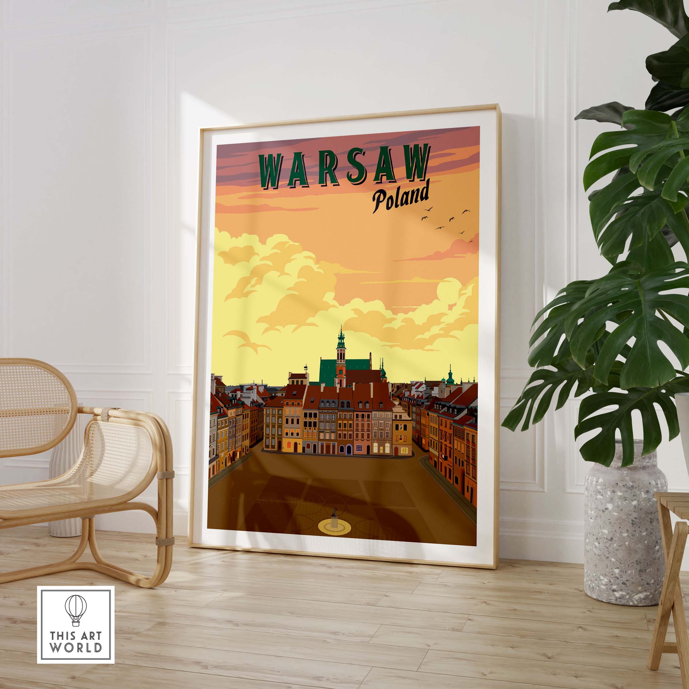 Warsaw Poster Poland featuring vintage-inspired travel art in a stylish room with plants and modern decor.