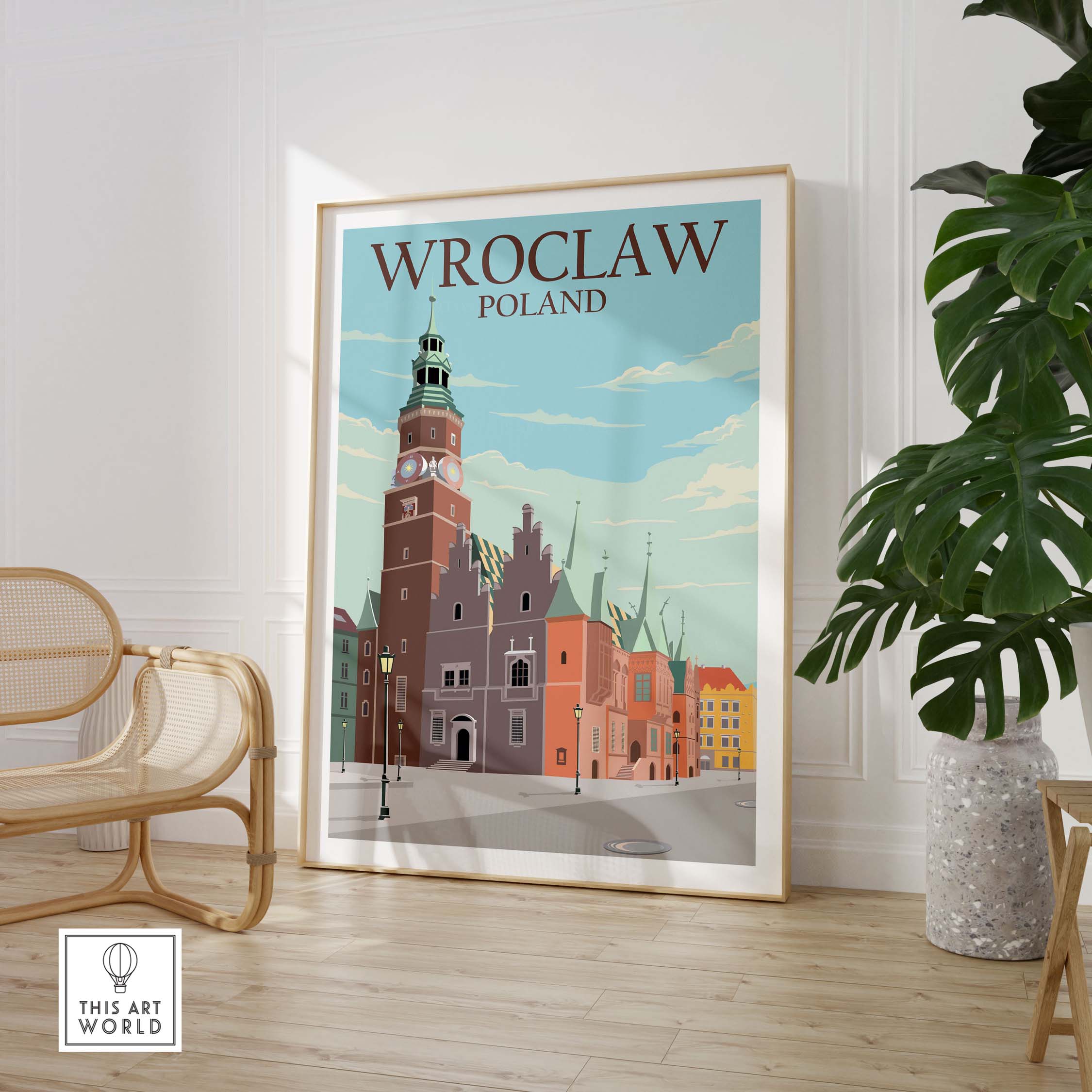 Wroclaw Poland poster print featuring colorful architecture and a vintage style, framed in a modern interior.