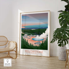 Yellowstone National Park art print featuring minimalist design and vibrant colors in a stylish interior setting.