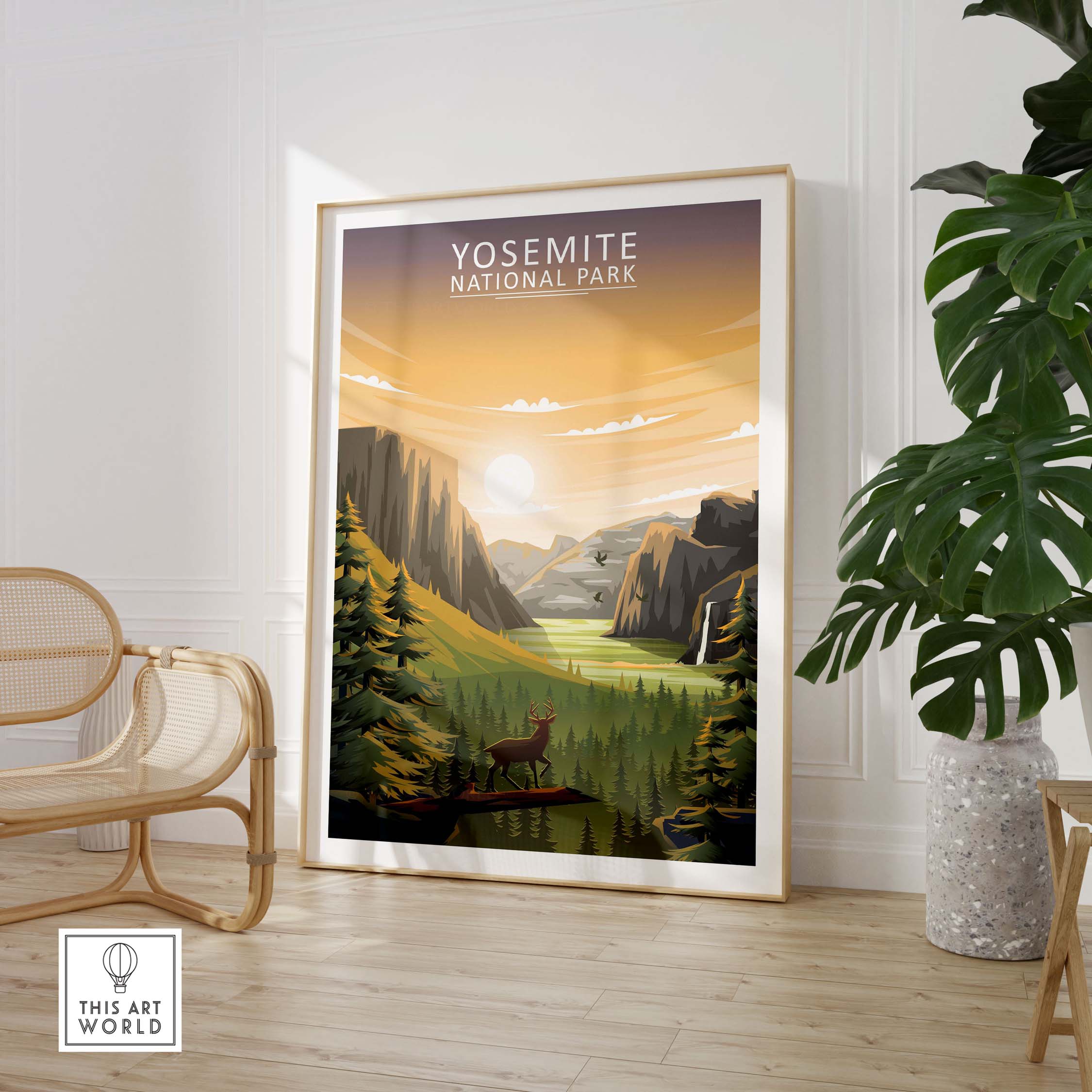 Yosemite National Park poster in a stylish frame, showcasing minimalist nature art for home decor.