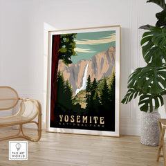 Yosemite National Park print featuring stunning landscape artwork with a waterfall and trees, perfect for home decor.