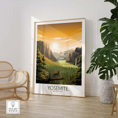 Yosemite National Park poster featuring sunset landscape and deer, displayed in a stylish interior setting.