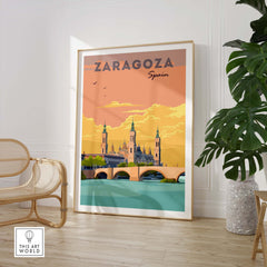 Zaragoza Spain vintage travel print featuring iconic architecture and a vibrant sunset, perfect for stylish home decor.
