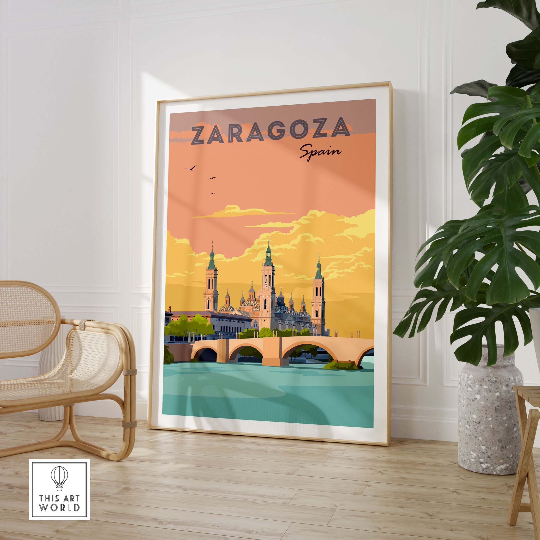 Zaragoza Spain vintage travel print featuring iconic architecture and a vibrant sunset, perfect for stylish home decor.